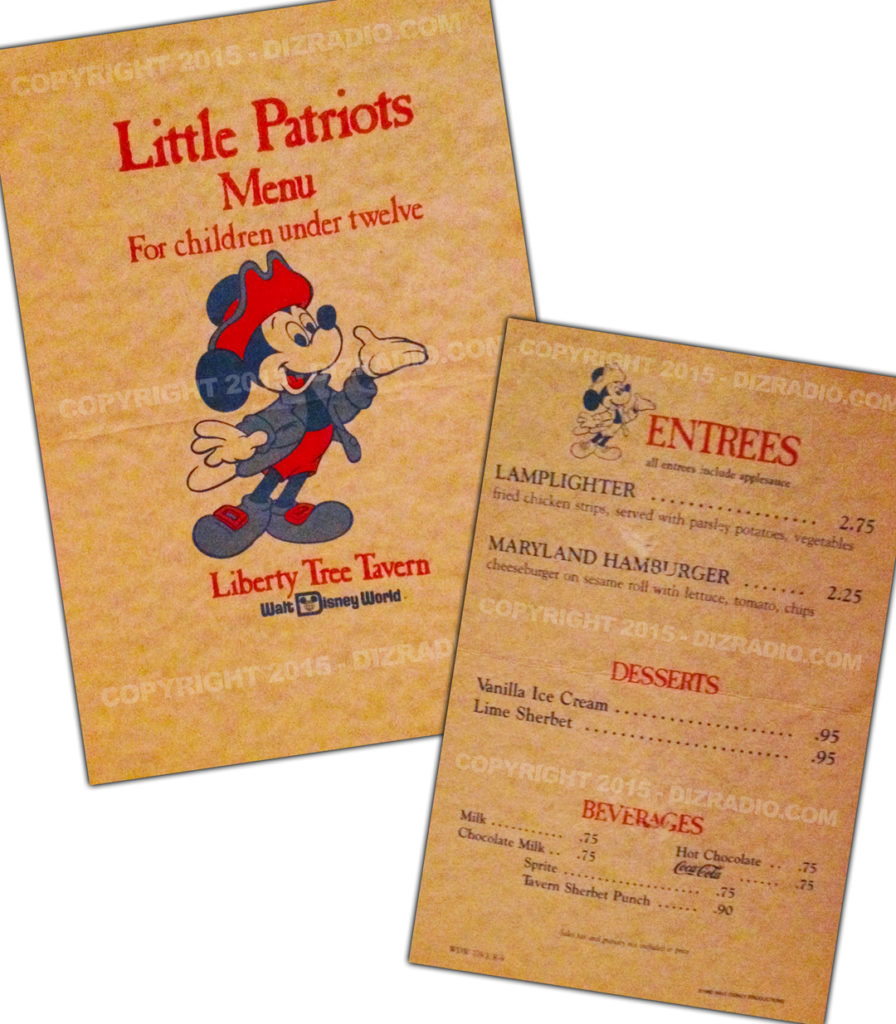 The Little Patriots Menu from Liberty Tree Tavern circa 1983