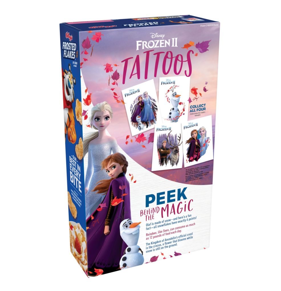 Specially marked Kellogg’s cereal will include one free temporary tattoo of a favorite “Frozen” character — fans can collect all four!